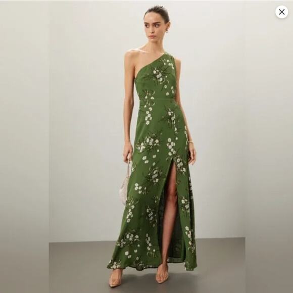 Reformation Dresses & Skirts - Reformation Green Evelyn Asymmetrical One Shoulder Maxi Dress in Lomita